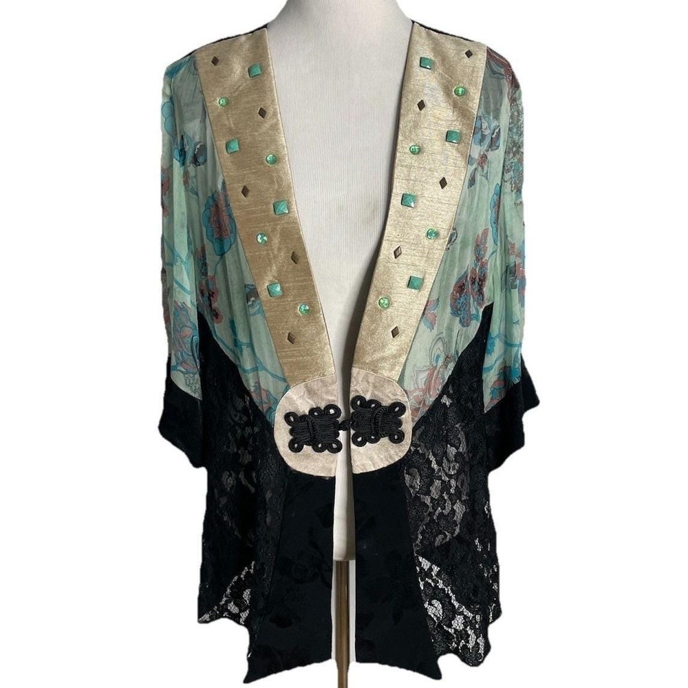 Vtg 90s Violet Kay  Black Blue Floral Lace Kimono Jacket top Boho Whimsy  L